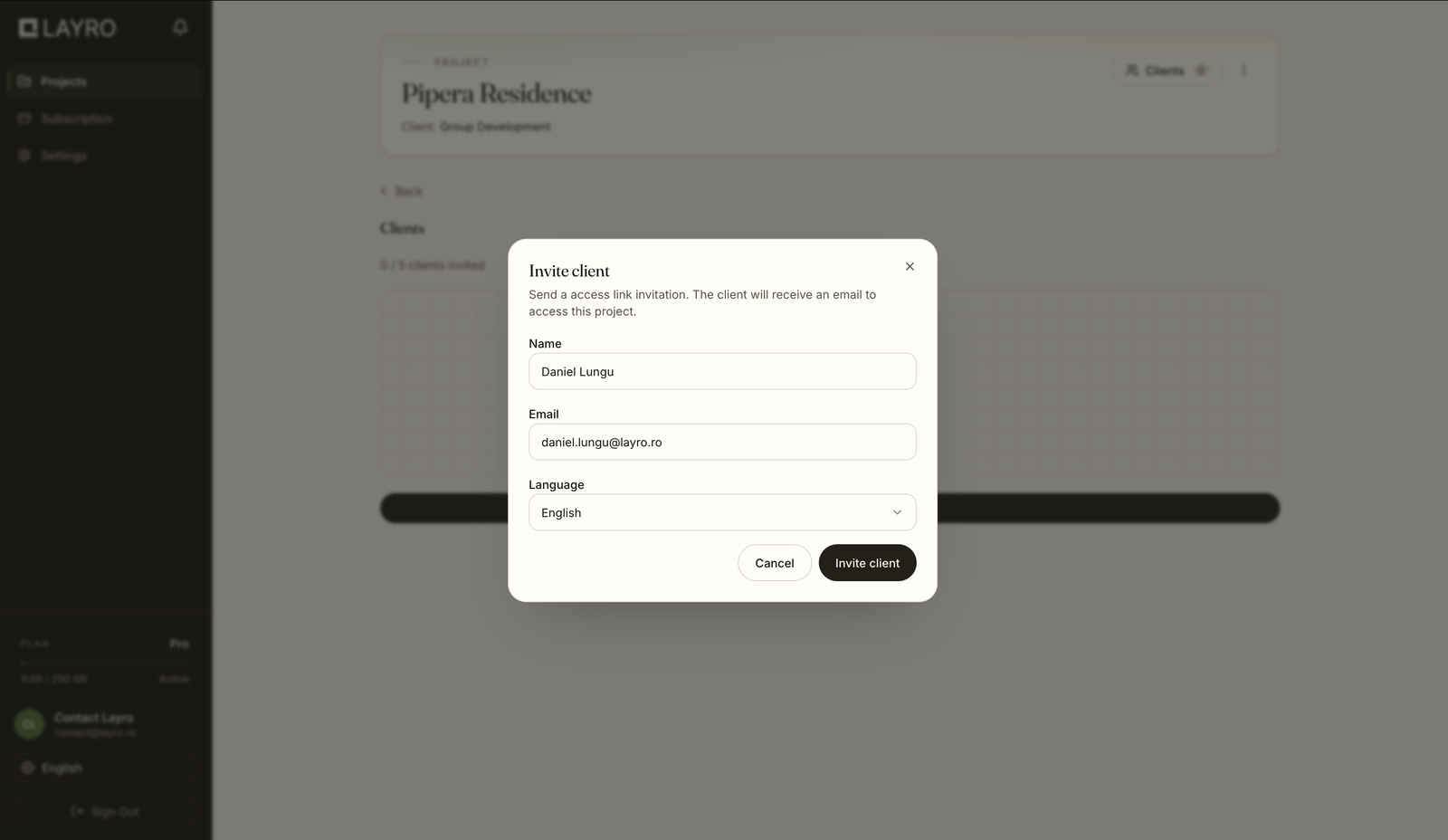 Inviting a client to a project