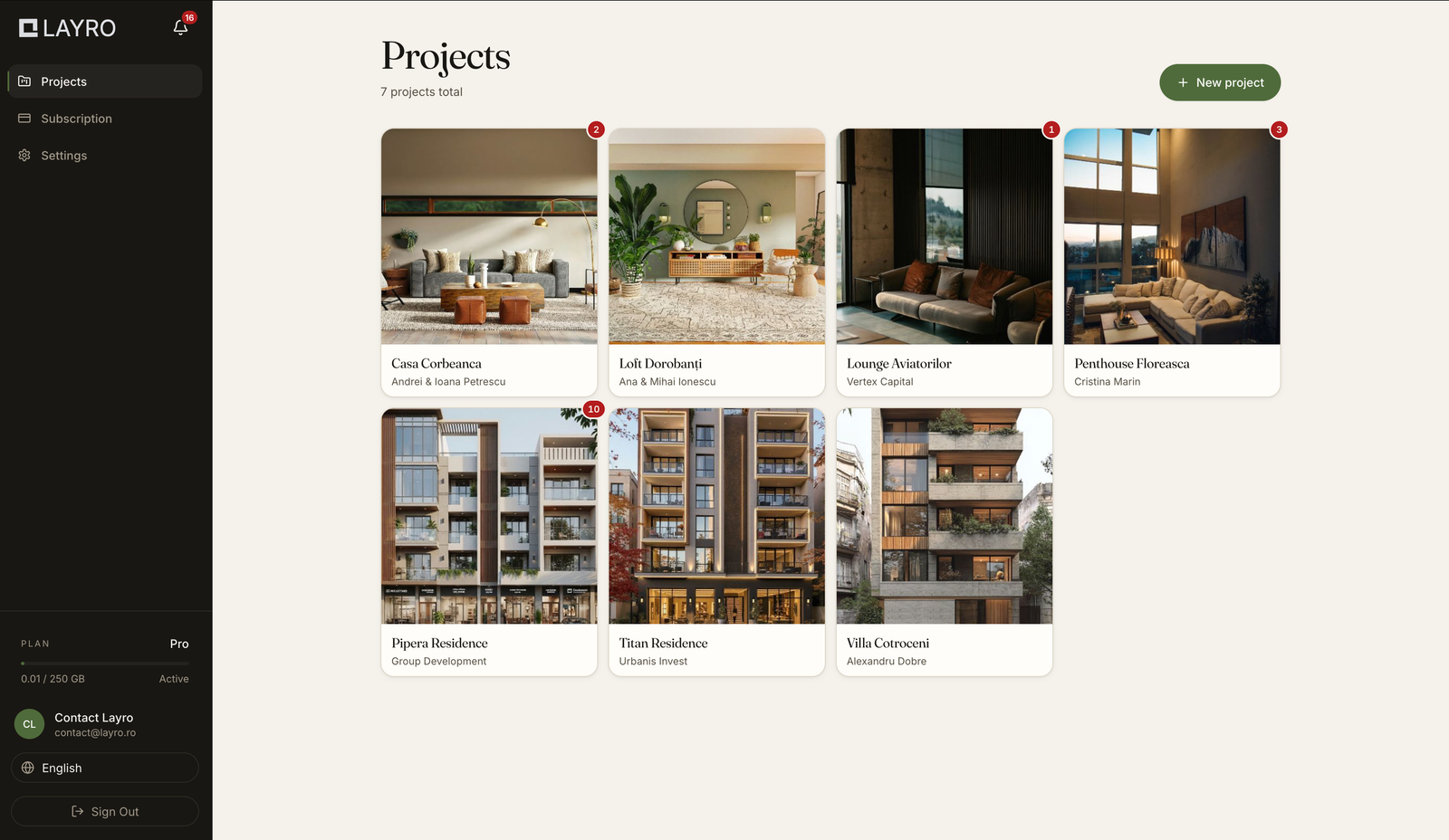 The project list in Layro