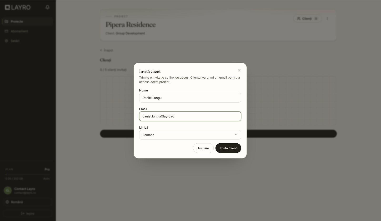Invitarea unui client în proiect
